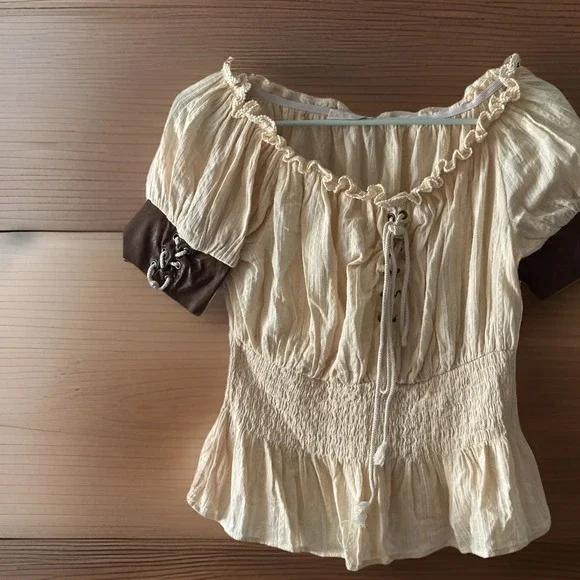 Women’s Cream Peasant Blouse with Brown Sleeve Accents - Picture 2 of 8